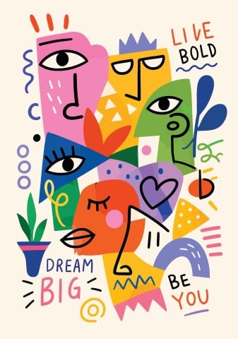 Abstract face composition with diverse expressions and motivational text.